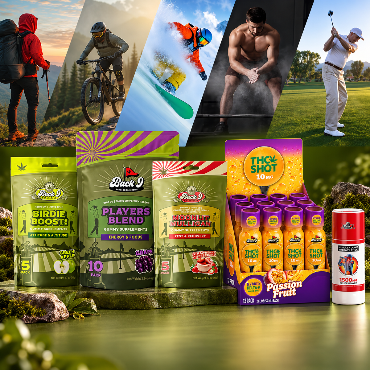 Back 9 gummies, an open THC shot case and Therapy Stick with outdoor and sports scenes